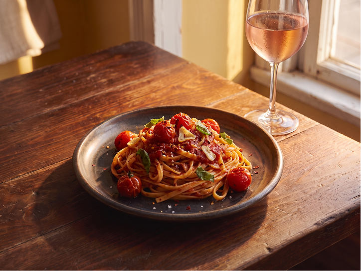 Ein Teller Tagliatelle mit Tomatensauce, geschmacksintensiven Kirschtomaten, Knoblauchscheiben und frischem Basilikum auf einem Holztisch neben einem Glas Roséwein im warmen Sonnenlicht.