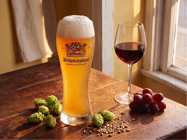 Ein gefülltes Weizenbierglas der Marke Weihenstephaner mit Schaumkrone neben einem Glas Rotwein, frischen Hopfendolden, Malzkörnern und roten Weintrauben auf einem Holztisch.
